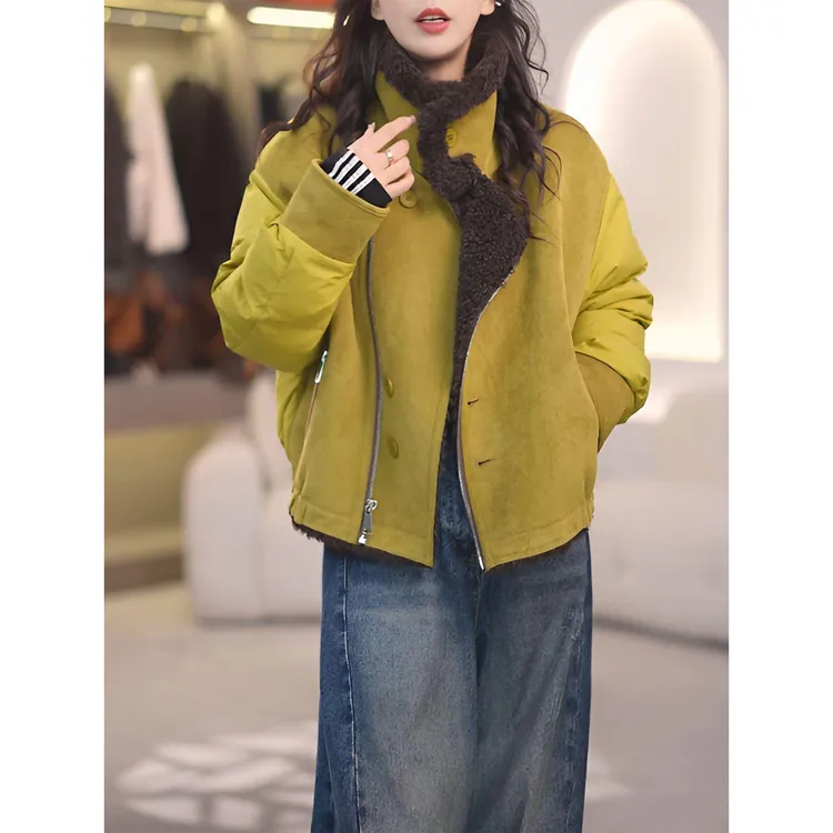 毛毛拼接短外套女冬季新款时尚高级感宽松保暖加厚撞色大翻领上衣
