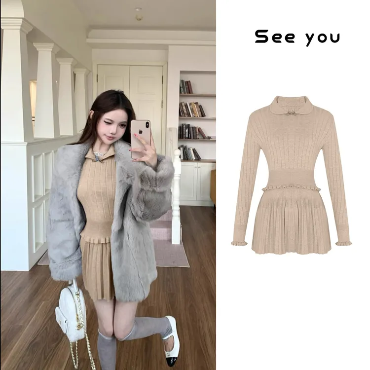 灰色风信子 彼得潘领蝴蝶结针织上衣+百褶半裙套AY2000+AY2001