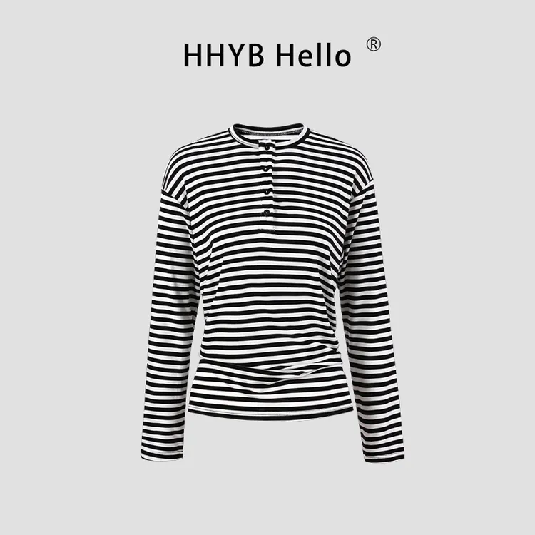 HHYB Hello2025新款百搭条纹上衣亨利圆领半门襟宽松T恤女250322