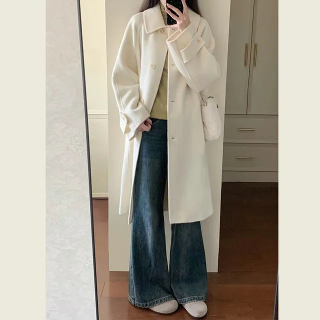 韩系chic秋冬季小个子温柔风米白色呢子大衣宽松中长款毛呢外套女