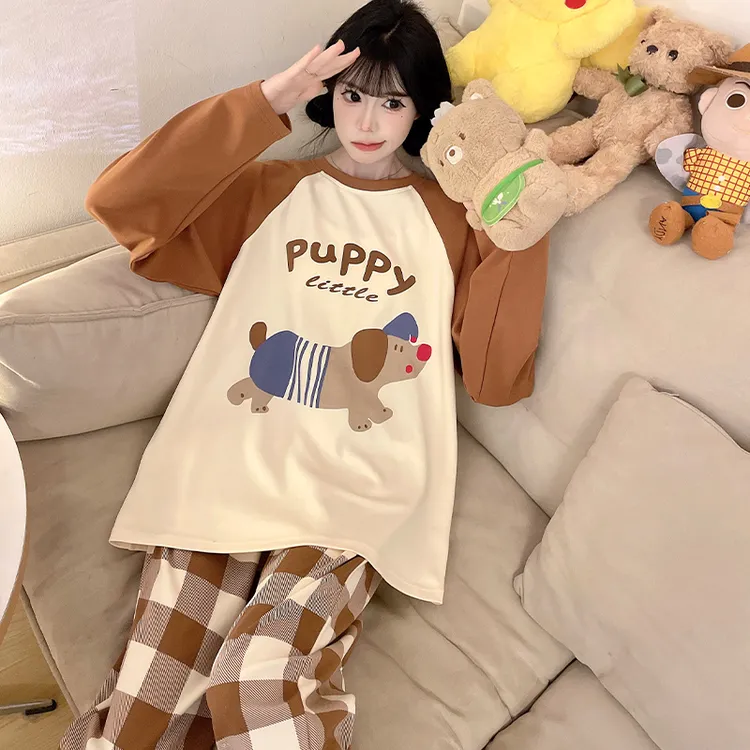 纯棉睡衣女长袖卡通春秋季大码薄款可外穿学生全棉可爱家居服套装