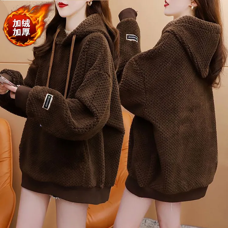 大码胖mm加绒加厚连帽卫衣女秋冬新款韩版宽松百搭保暖慵懒风上衣
