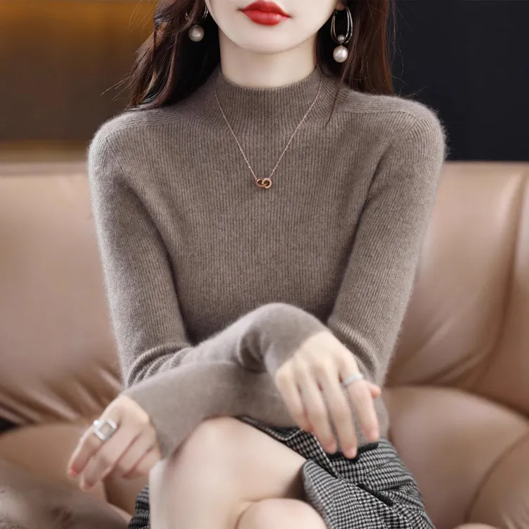 100%纯羊毛衫女士半高领打底衫女内搭修身毛衣秋冬新款抽条针织衫