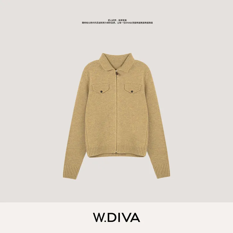 W.Diva【经典隽永】老钱风高定翻领羊毛羊绒针织开衫外套54Z153214