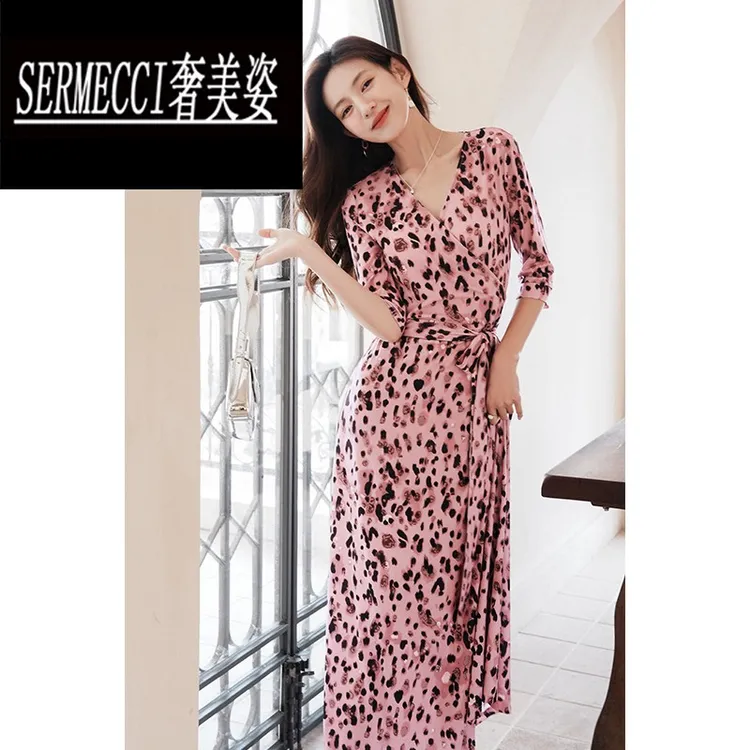 Sermecci 气质裹身裙v领收腰显瘦系带粉色豹纹连衣裙女春夏季温柔