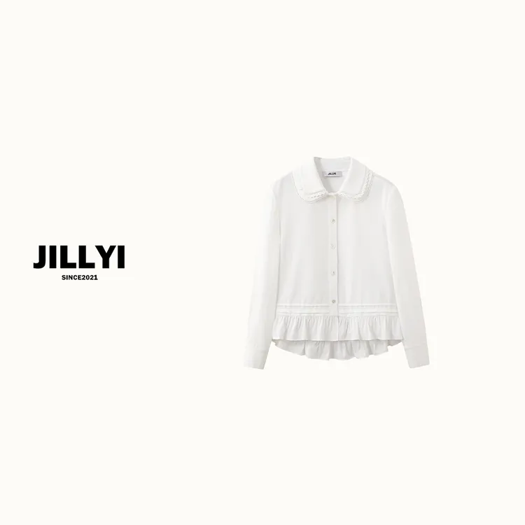 jillyi【月下绮梦】白色波纹下摆公主气质百搭衬衫洋气时尚