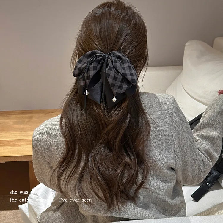 复古格纹蝴蝶结飘带抓夹女半扎发夹子后脑勺盘发鲨鱼夹马尾夹发卡
