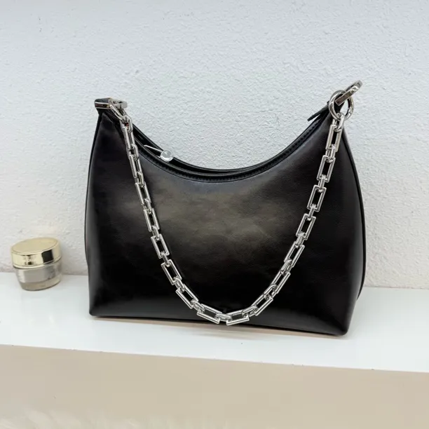 头层牛皮6615耐磨单肩托特包拉链心形斜挎包褶皱女士小众黑色复古