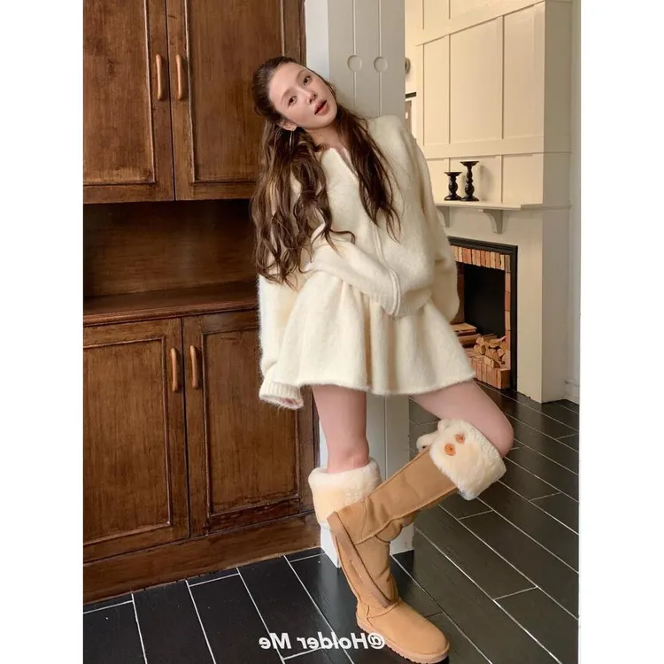 双拉链圆领长袖针织开衫高腰A字短裙子两件套装裙女秋冬慵懒松弛