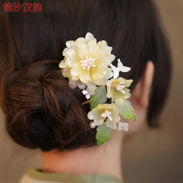 U型发簪琉璃牡丹花盘发簪子新中式发钗头饰森系超仙旗袍国风配饰