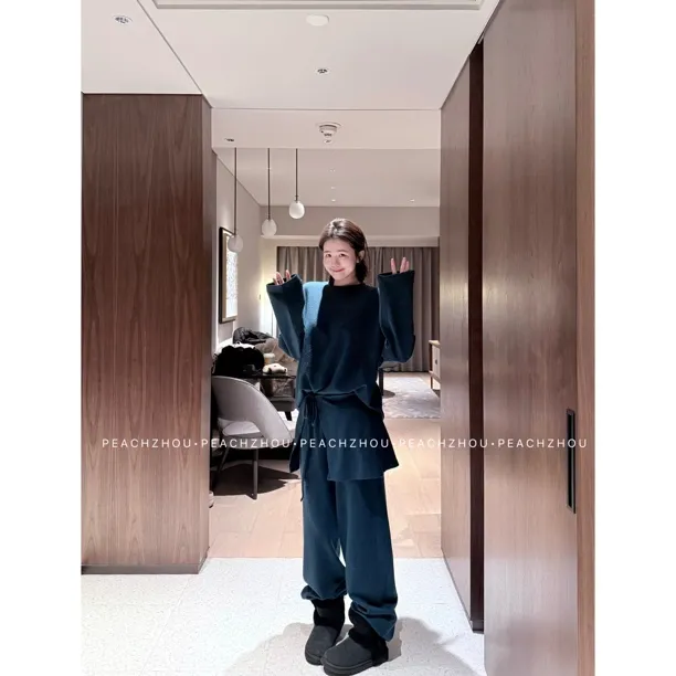 PEACHZHOU 毛织'韩女三件套'宽松圆领针织衫松紧腰阔腿裤洋气屁帘