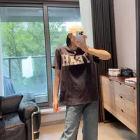 【欧货】高级水洗蓝秋季加厚短袖T 字母百搭短T恤休闲复古印花上衣