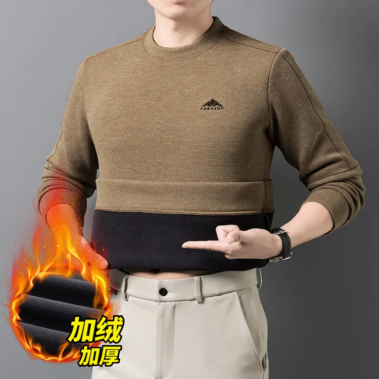 加绒卫衣男款2025爆款秋冬男士爸爸轻奢宽松圆领长袖t恤打底衫