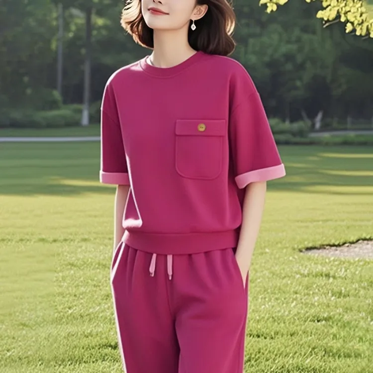 2025新款夏季时尚套装女士宽松洋气减龄短袖上衣阔腿休闲裤俩件套