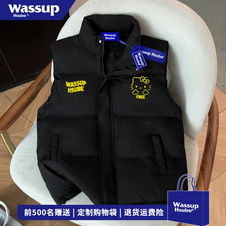 WASSUP HSUBE卡通趣味字母印花黑色立领马甲男女秋冬宽松坎肩外套