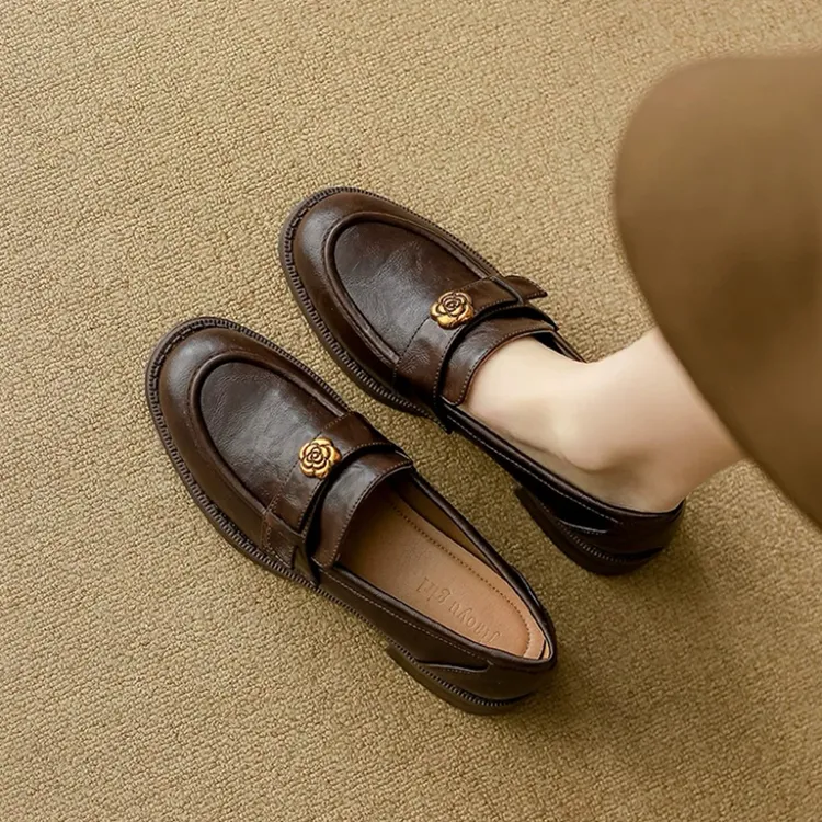 软羊皮~山茶花手工软底乐福鞋女2025新款春秋粗跟单鞋复古小皮鞋