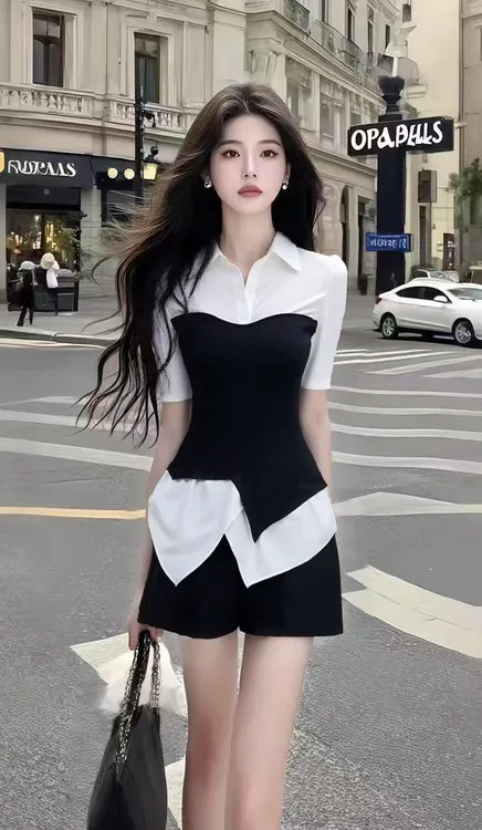 新款时尚通勤风穿搭撞色拼接衬衫上衣+黑色百搭短裤女显瘦两件套