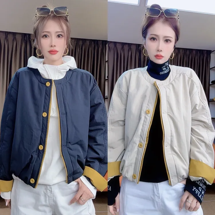 极简风拼色撞色系短款棉服2501