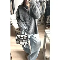 【阿乐家】大码微胖“云朵漫步”纽扣微微高领t套头毛茸茸松弛感毛衣