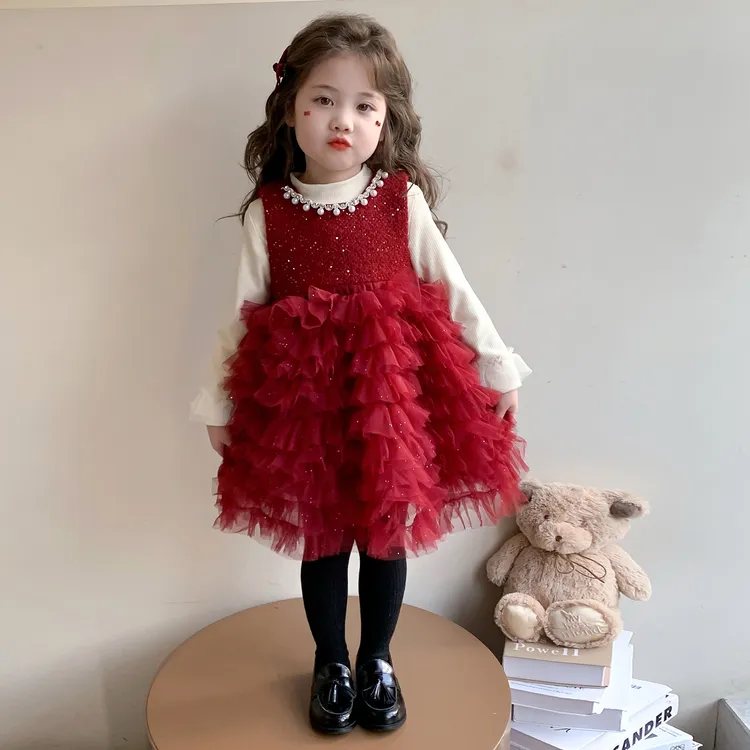 女童公主裙2025新款洋气儿童红色蓬蓬连衣裙宝宝秋冬加绒两件套潮
