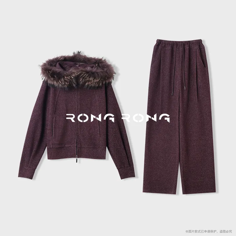 溶溶【暖絮烟紫】RONGRONG 羊毛混纺貉子毛领连帽保暖套装2518K709