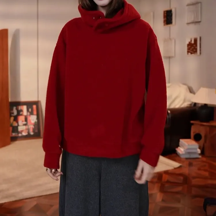 2025冬季新时尚连帽绒面卫衣女款韩版宽松设计感小众慵懒红色上衣