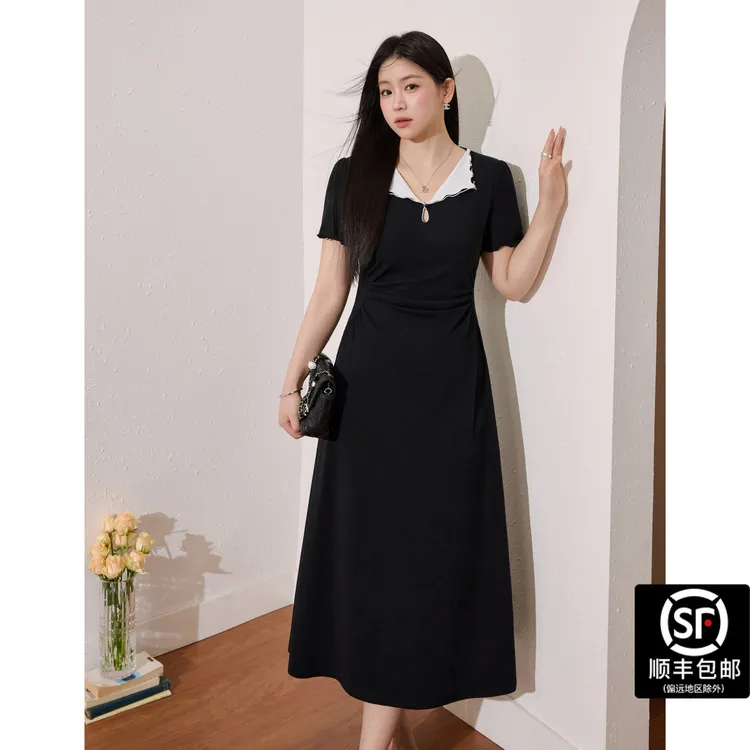 蓝语大码女装法式赫本风V领a字小黑裙夏收腰巨显瘦连衣长裙13010