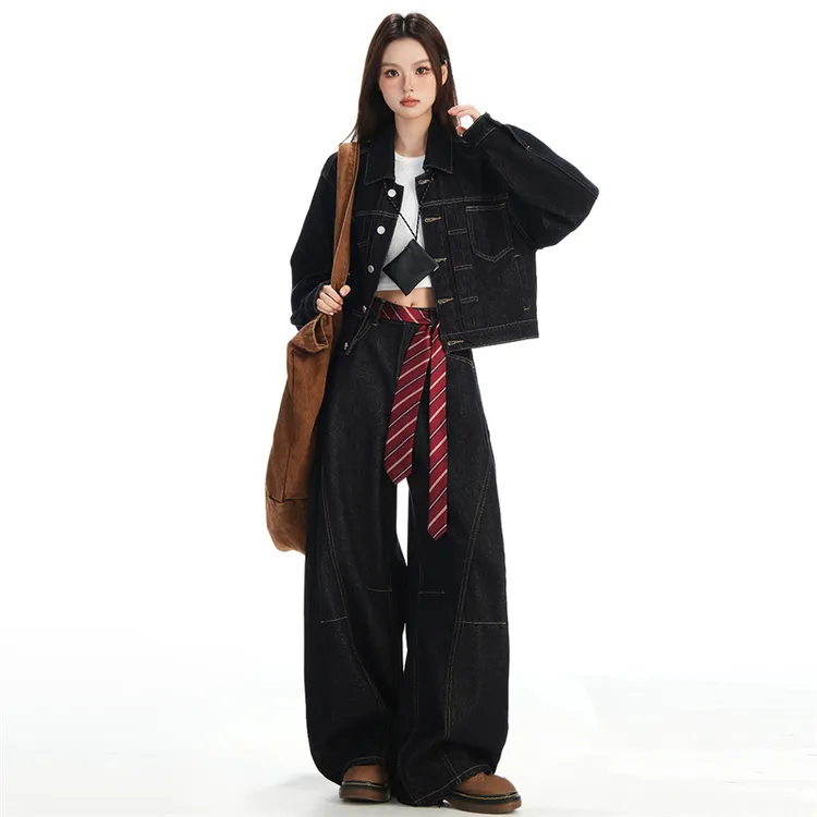 深蓝色车线分割阔腿牛仔裤女秋季新款美式街头松弛百搭显瘦镰刀裤