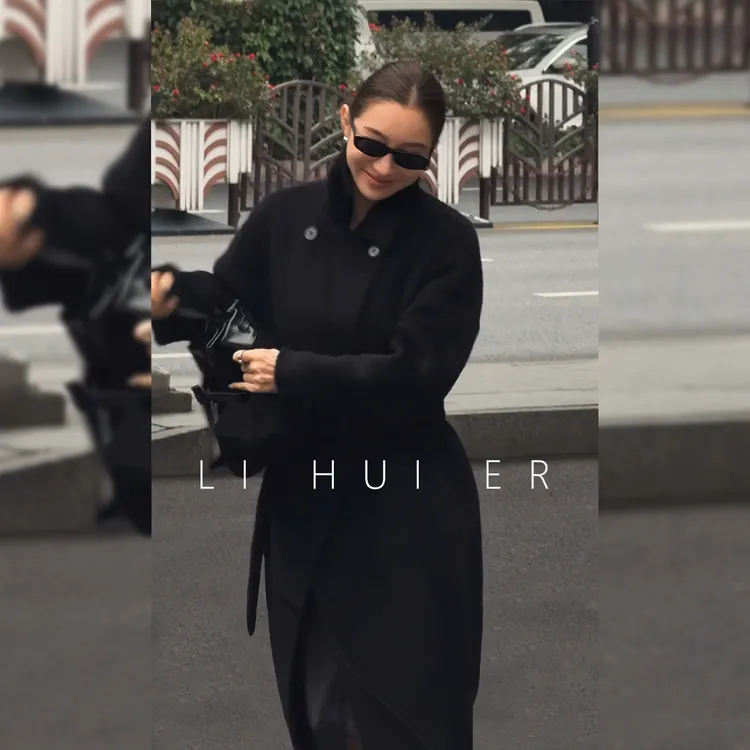 LiHuiEr李慧儿【卡西莫暗耀】秋冬女气质时尚黑色大衣LL0251305