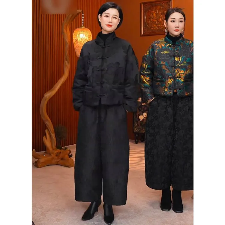 欧货2024冬季新款时尚百搭宽松新中式国风立领棉服纯色棉裤女