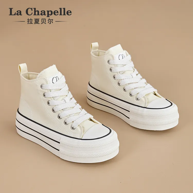 拉夏贝尔高帮帆布鞋女2025年春季新款ins超火厚底百搭休闲小白鞋