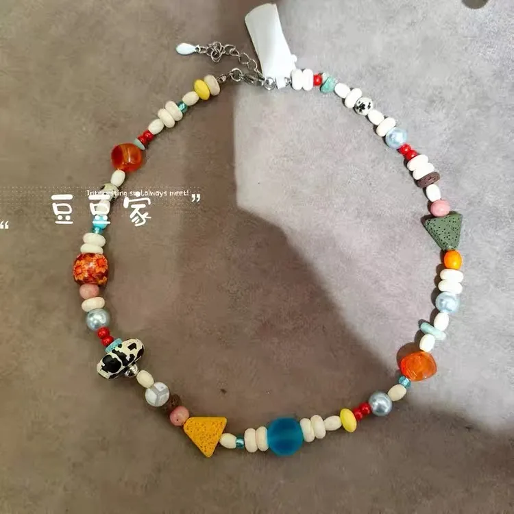 非金属莫桑石项链 拼布手账手绘木珠彩色串珠项链小众锁骨链颈链