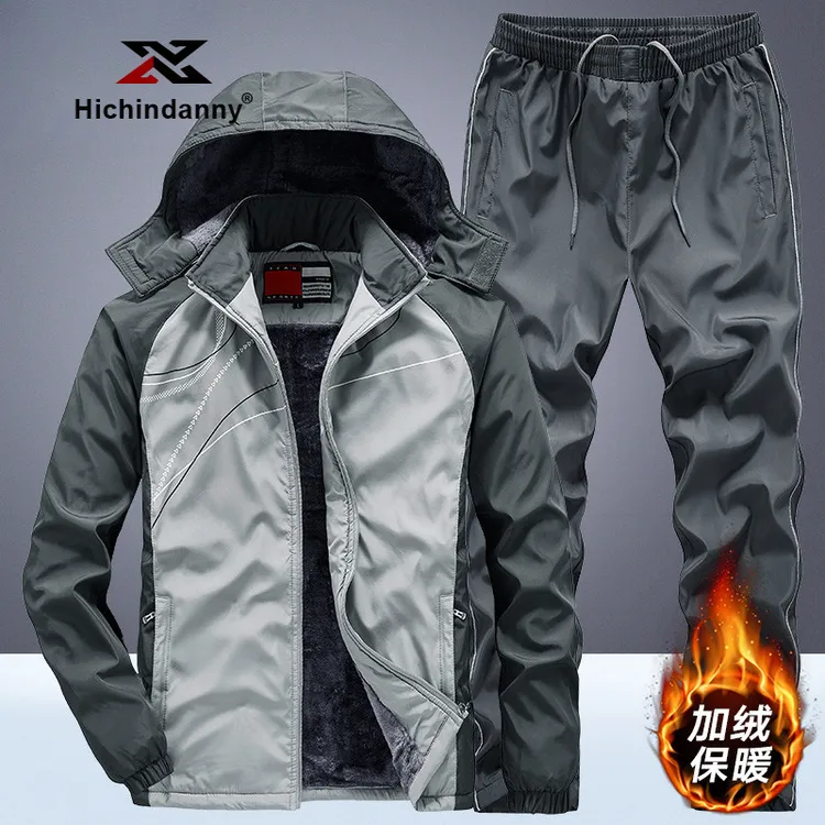 HICHIN休闲运动套装男士冬季加绒防寒防水运动服户外冲锋衣两件套