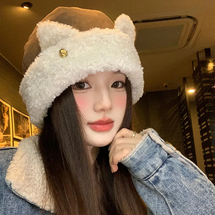 可爱猫耳朵羊羔绒雷锋帽子女秋冬季骑车保暖显脸小防寒护耳套头帽