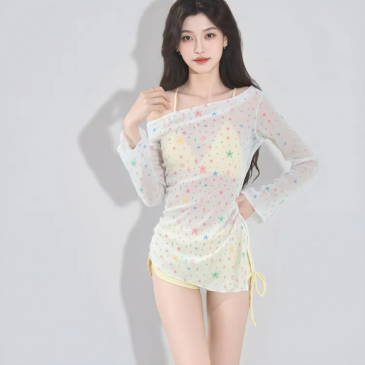 新款可爱纯欲风分体平角裤保守长袖星星罩衫三件套游泳衣女泡温泉