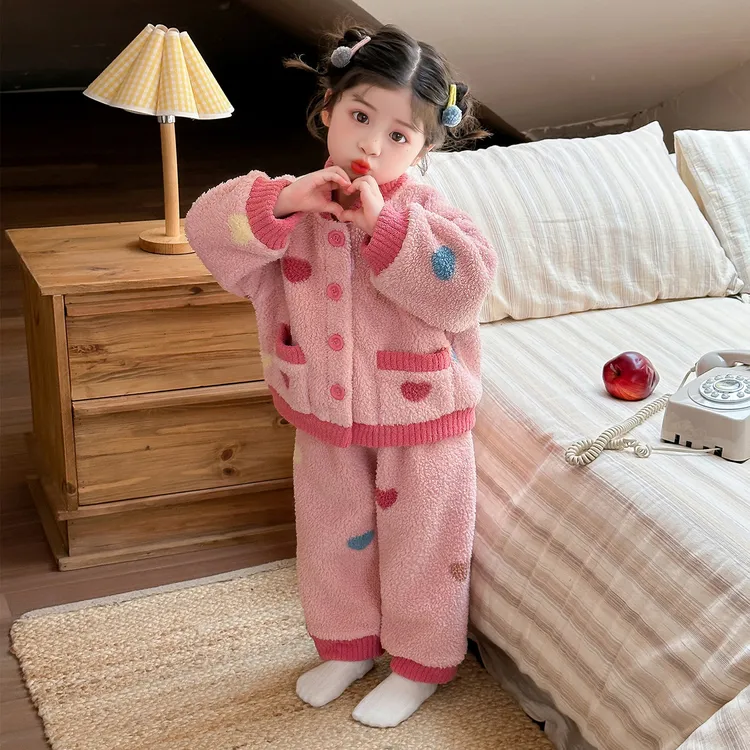 女童冬款加绒加厚睡衣套装2025新款女孩儿童秋冬季长袖开衫家居服
