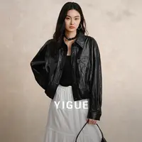 亦谷中性风皮革收腰短款外套2025女秋季时尚翻领上衣G5AAF582-6