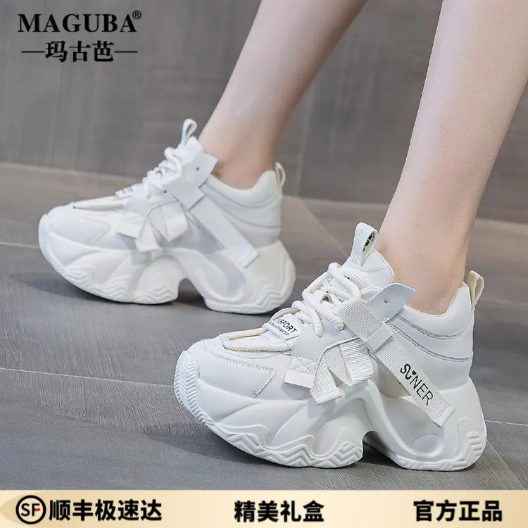 玛古芭厚底老爹鞋女春秋季款小个子内增高轻便黑色休闲百搭运动鞋