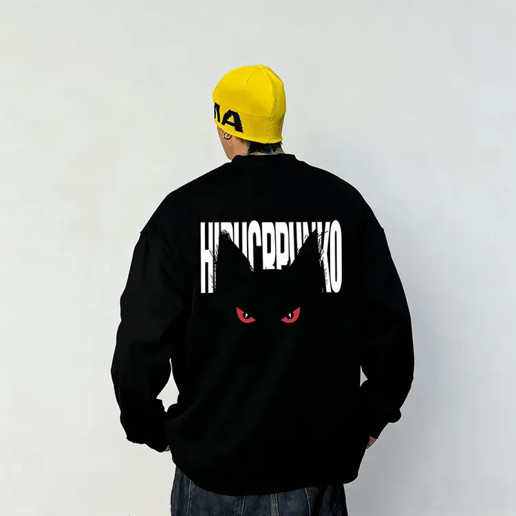 重磅设计感加绒加厚圆领卫衣男秋季美式恶魔字母日系T恤男装长袖