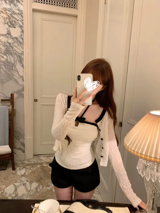 【中古香香Girl】挂脖吊带长袖开衫女秋季蕾丝提花两件套装