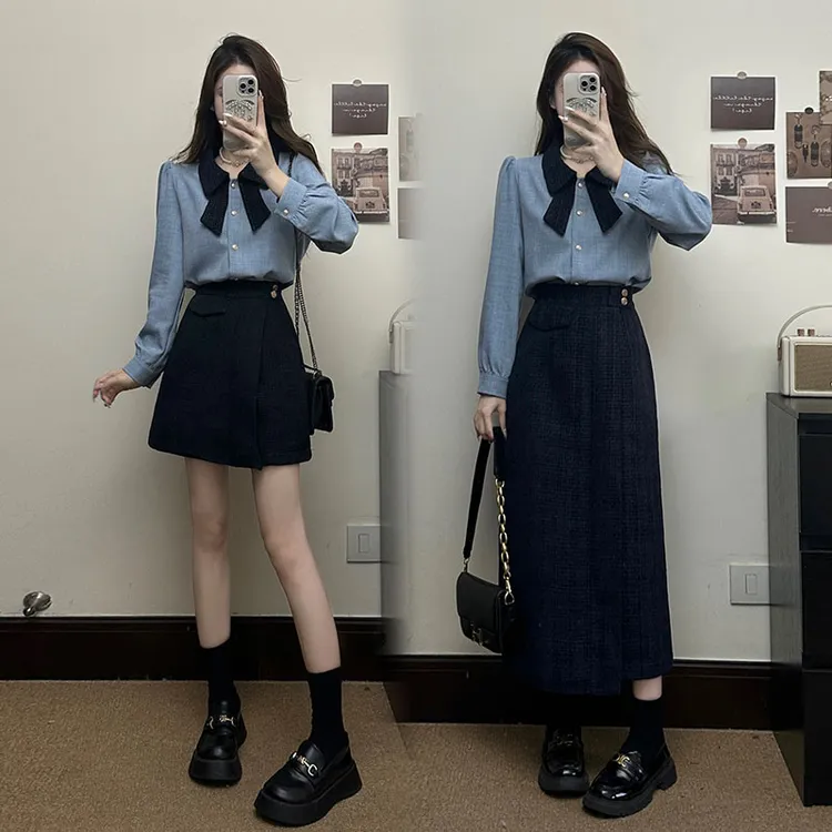 大码女装2025秋季新款韩系气质衬衫显瘦高腰遮肉裙裤两件套小众
