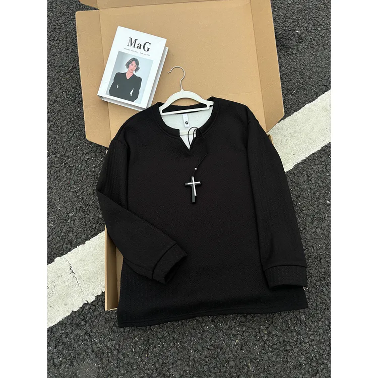 V领肌理感卫衣男女秋冬加绒保暖cleanfit长袖T恤情侣设计感打底衫