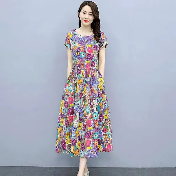 棉麻连衣裙气质夏季新款中年妈妈系带长款修身显瘦收腰碎花裙