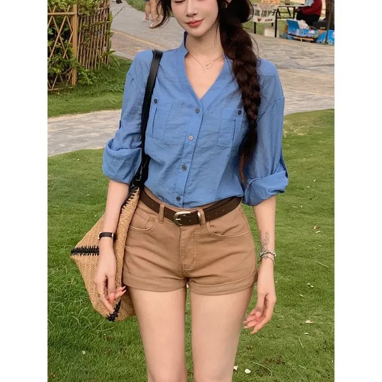 复古卡其卷边牛仔短裤女2025年秋季新款高腰弹力显瘦a字阔腿热裤