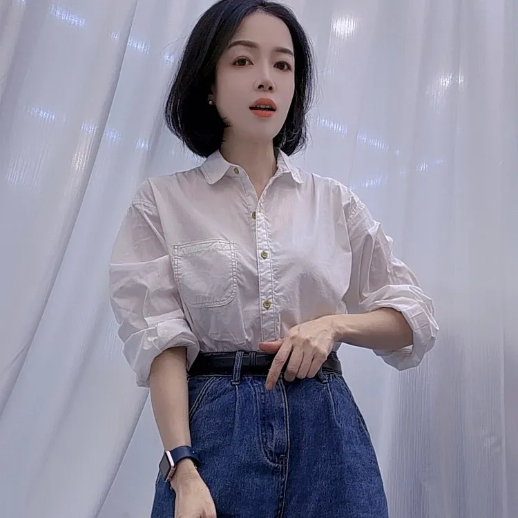 撞色明线棉衬衫女2025秋新款高级感休闲时尚气质减龄百搭长袖衬衣