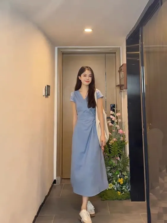 【甜橘之夏~蓝色】夏季小个子纯色显白绑带收腰连衣裙2021