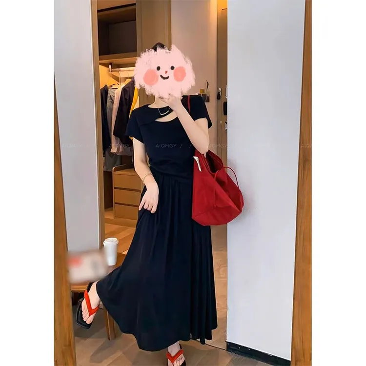 大码夏季时尚套装短袖镂空T恤半身裙长裙两件套1929#