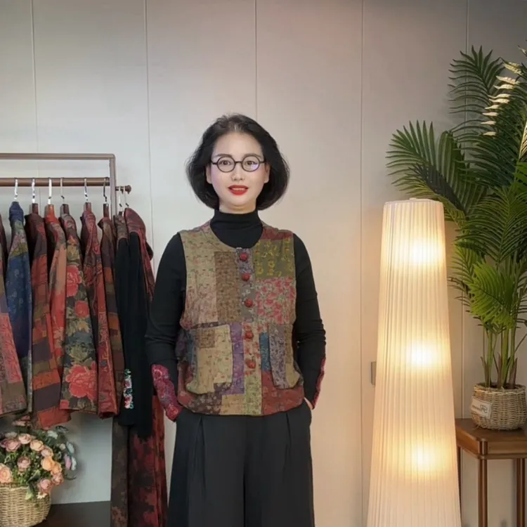 <红扣马甲3>斜纹棉民族风印花薄款做旧马夹中式复古优雅妈妈装