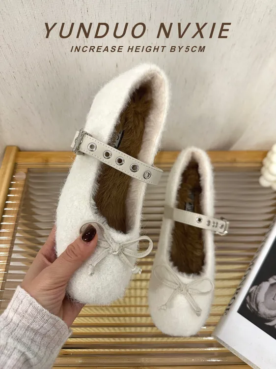 晚晚风内增高5cm玛丽珍鞋女蝴蝶结厚底一字带加绒平底保暖单鞋