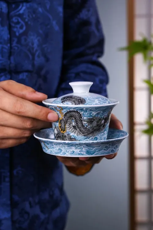 粉墨彩海水龙功夫茶具套装家用中式复古盖碗茶杯一整套泡茶碗送礼